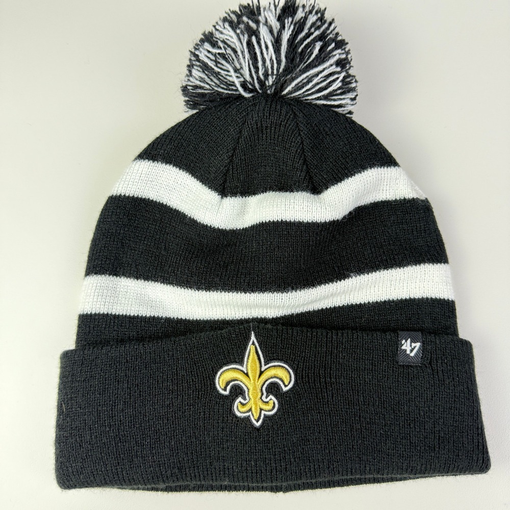 NFL New Orleans Saints 47 Brand Pom Beanie Knit Hat Cap Black Striped Cuffed